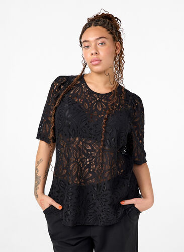 Zizzifashion Lace blouse with short sleeves, Black, Model image number 0