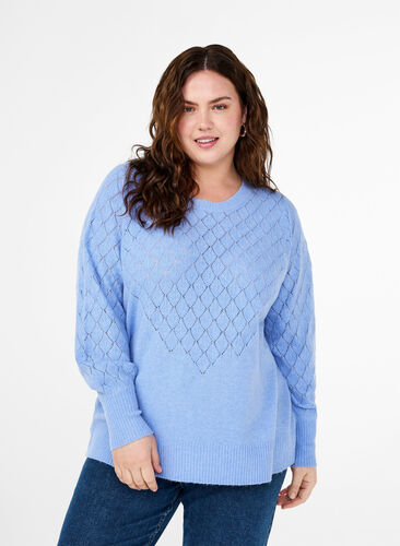 Zizzifashion Knitted blouse with lace pattern, Cornflower Blue Mel., Model image number 0