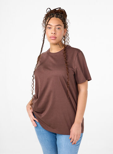 Zizzifashion Basic cotton T-shirt with round neck, Chocolate Martini, Model image number 0