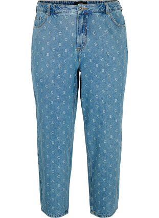 Cropped jeans with print and high waist - Blue - Sz. 42-60 - Zizzifashion