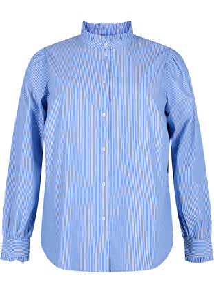 Zizzifashion Striped shirt blouse with ruffles, Princess Blue W. St., Packshot image number 0