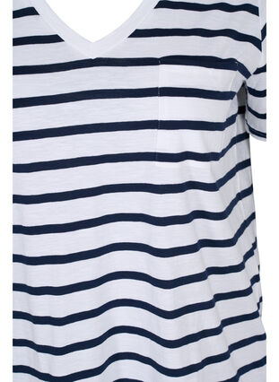 Zizzifashion Striped cotton t-shirt with v-neckline, White Navy B Stripe, Packshot image number 2