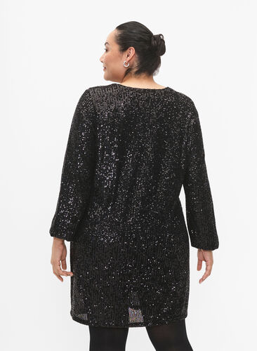 Zizzifashion Short sequin dress with long sleeves, Black, Model image number 1