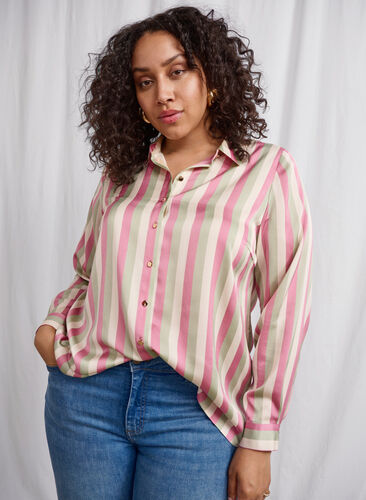 Zizzifashion Striped satin shirt with collar, Rose Stripe, Image image number 0