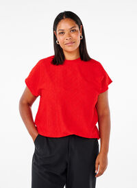 Blouse with short sleeves and floral embroidery, Flame Scarlet, Model