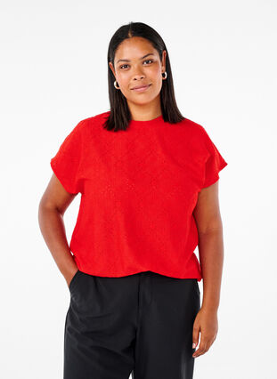 Zizzifashion Blouse with short sleeves and floral embroidery, Flame Scarlet, Model image number 0