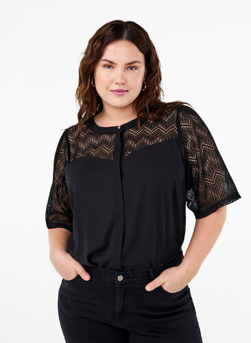 Zizzifashion Shirt blouse with short lace sleeves, Black, Model image number 0