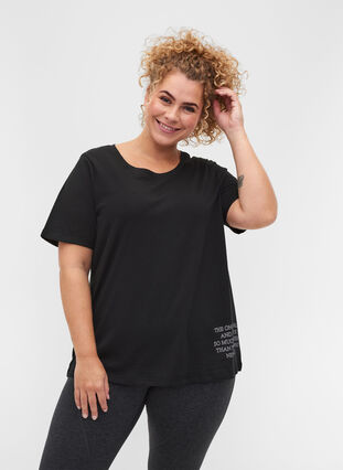 Cotton sports t-shirt with text and short sleeves - Black - Sz. 42-60 -  Zizzifashion