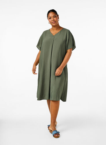 Zizzifashion V-neck dress in viscose, Thyme, Model image number 0