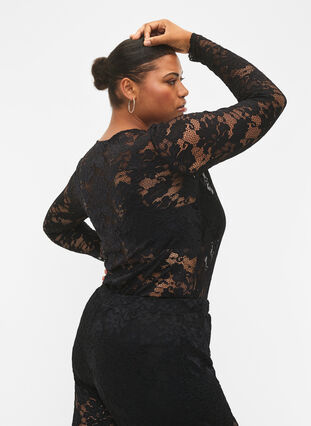 Zizzifashion Long sleeve lace blouse with V-neck, Black, Model image number 3