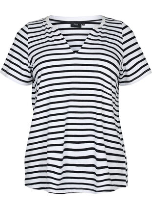 Zizzifashion Cotton t-shirt with stripes and v-neck, B. White/Bl. Stripes, Packshot image number 0