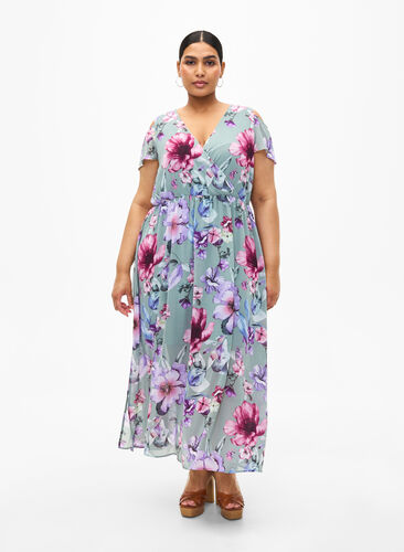 Zizzifashion Floral maxi dress with shoulder detail, Chinois Green AOP, Model image number 0