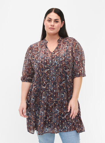 Zizzifashion Tunic with paisley print and lurex, Blue Paisley AOP, Model image number 0