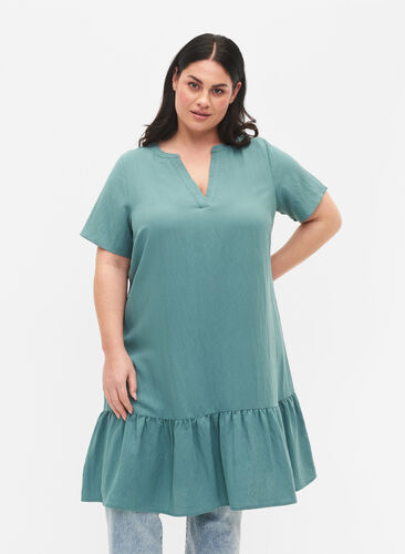 Zizzifashion Short-sleeved viscose dress with v-neckline, Sea Pine, Model image number 0