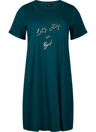 Zizzifashion Short-sleeved nightgown in organic cotton, Deep Teal Lets, Packshot image number 0