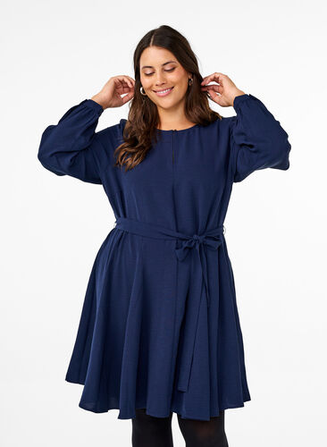 Zizzifashion Long-sleeved dress with a tie belt, Navy Blazer, Model image number 0