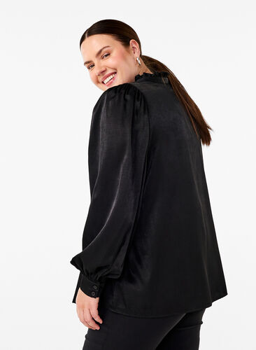 Zizzifashion Long-sleeved blouse with ruffles and v-neck, Black, Model image number 1