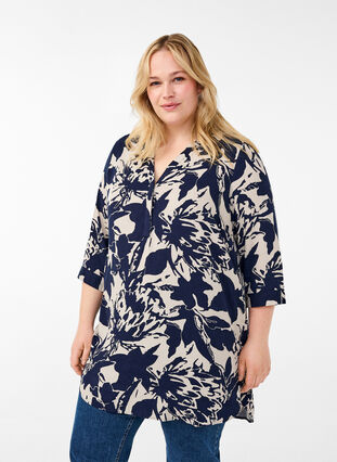 Zizzifashion Tunic with print and 3/4 sleeves, Navy Blazer AOP, Model image number 0