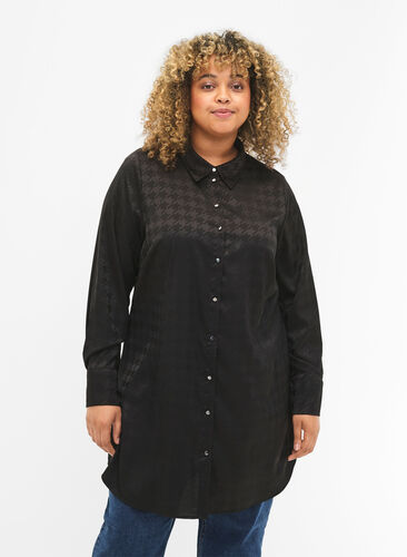 Zizzifashion Long shirt with houndstooth pattern, Black, Model image number 0