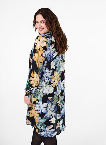 Zizzifashion Long-sleeved dress with floral print, Yellow Flower AOP, Model image number 1