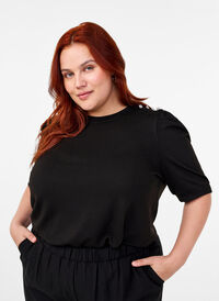 Viscose blouse with v-neck and embroidery detail, Black, Model