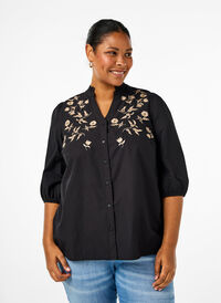 Shirt blouse with embroidered flowers and 3/4 sleeves, Black W. Beige Emb. , Model