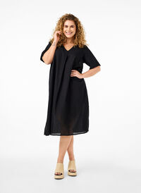 Cotton blend kaftan dress with linen, Black, Model