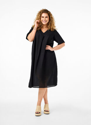 Zizzifashion Cotton blend kaftan dress with linen, Black, Model image number 0