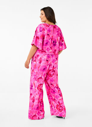 Zizzifashion Floral jumpsuit with batwing sleeves, Pink Rose AOP, Model image number 2