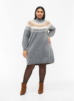 Zizzifashion Patterned knitted dress with long sleeves, Medium G. Mel. Comb, Model image number 2