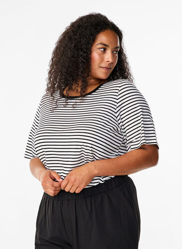 Zizzifashion Striped T-shirt in lyocell with round neck, B White Black St, Model image number 0