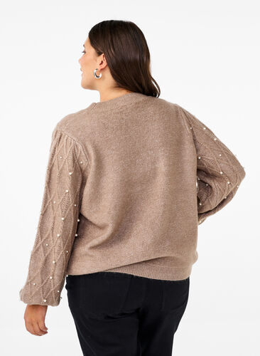 Zizzifashion Knitted sweater with pattern and pearls, Desert Taupe Mel., Model image number 1