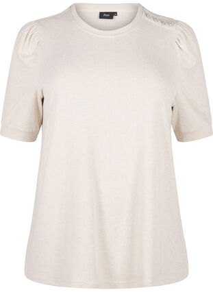 Zizzifashion Blouse with button detail and short puff sleeves, Oatmeal White Mel., Packshot image number 0