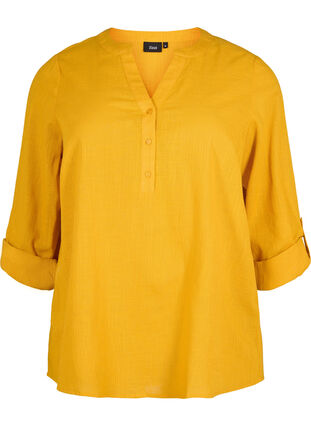 Zizzifashion Cotton shirt blouse with v-neck, Golden Yellow, Packshot image number 0