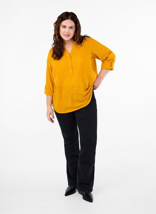 Zizzifashion Cotton shirt blouse with v-neck, Golden Yellow, Model image number 2