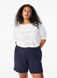 Short-sleeved blouse with lace pattern, Bright White, Model