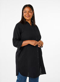 Long shirt in cotton muslin, Black, Model