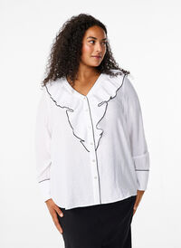Long-sleeved viscose shirt blouse with ruffle, Bright White, Model