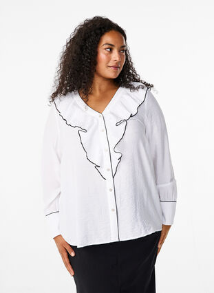 Zizzifashion Long-sleeved viscose shirt blouse with ruffle, Bright White, Model image number 0