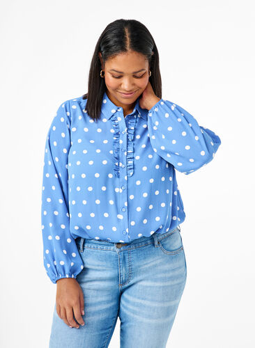 Zizzifashion Dotted shirt with ruffles, River S. White Dot, Model image number 0