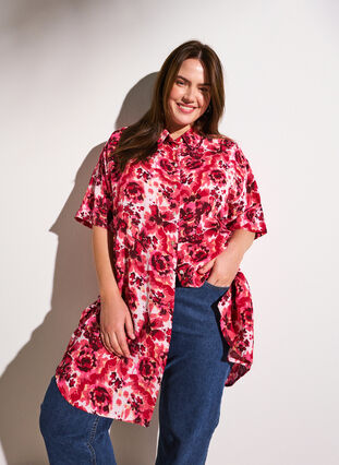 Zizzifashion Long shirt with all-over print, Pink AOP Flower, Image image number 0