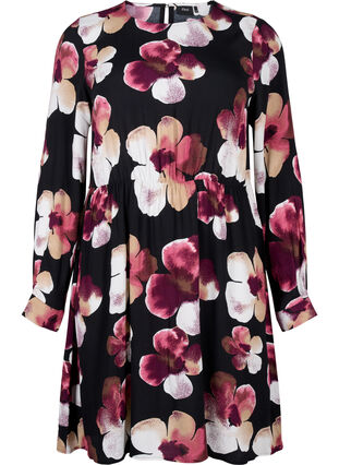 Zizzifashion Viscose dress with print and long sleeves, Black Pink FlowerAOP, Packshot image number 0