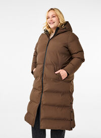 Long puffer winter coat with hood, Chocolate Brown, Model