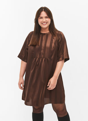 Zizzifashion A-line dress with stripes and 1/2 sleeves, Chestnut, Model image number 0