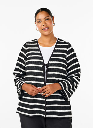 Zizzifashion Cardigan with ties, Black White stripe, Model image number 0