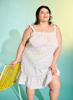 Zizzifashion Beach dress in cotton with tie straps, Lemon Print, Image image number 0