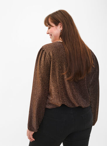 Zizzifashion Glitter blouse with puff sleeves, Black Copper, Model image number 1