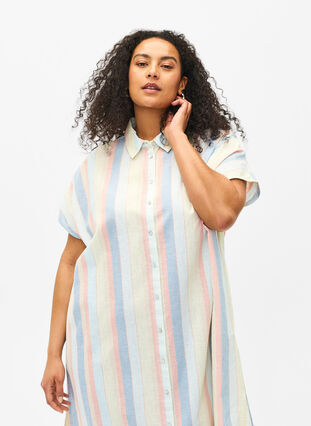 Zizzifashion Long shirt in cotton blend with linen, Multi Color Stripe, Model image number 2