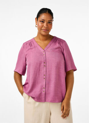 Zizzifashion V-neck shirt blouse with short sleeves, Bordeaux, Model image number 0