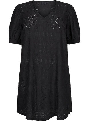 Zizzifashion Short dress with v-neck and hole pattern, Black, Packshot image number 0